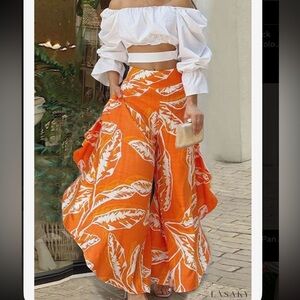 Orange Leaf Print Maxi Skirt and White Top A010